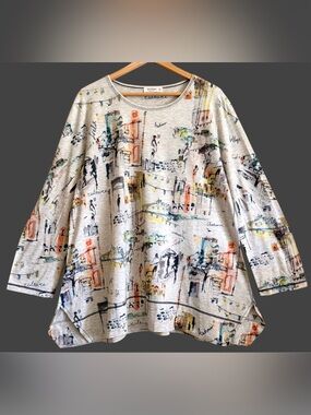JESS & JANE Artsy Art-To-Wear Lagenlook Minimalist Chic Boho Graphic Tunic Sz XL
